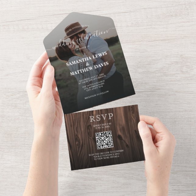 Modern Rustic Wood Outdoor Wedding QR Code All In One Invitation (Tearaway)