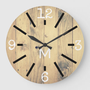 Modern Rustic Wood Print & Black Marks Large Clock