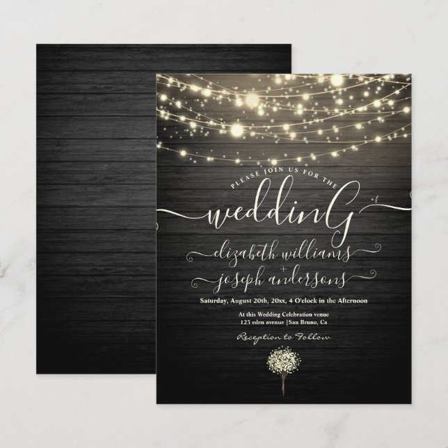 Modern Rustic Wood & White Lights String wedding   Invitation (Front/Back)