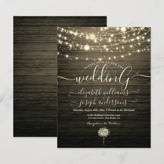 Modern Rustic Wood & White Lights String wedding Invitation (Front/Back)