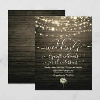 Modern Rustic Wood & White Lights String wedding Invitation
