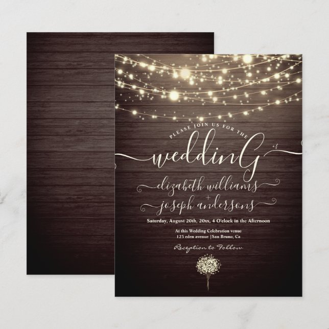 Modern Rustic Wood & White Lights String wedding  Invitation (Front/Back)