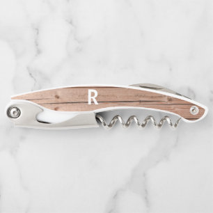 Modern Rustic Wooden Monogram Bottle Corkscrew