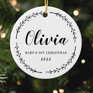 Modern Rustic Wreath Baby's First Christmas Photo Ceramic Ornament