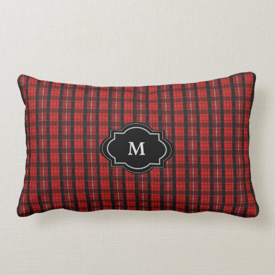 Modern rustric red tartan Monogram faux burlap Lumbar Pillow