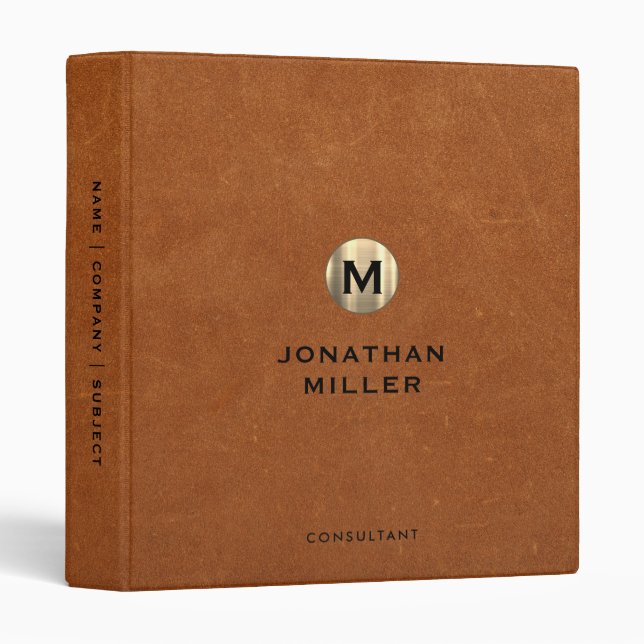 Modern Sable Leather Gold Monogram Binder (Front/Spine)