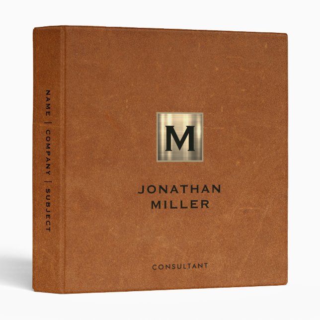 Modern Sable Leather Gold Monogram Binder (Front/Spine)