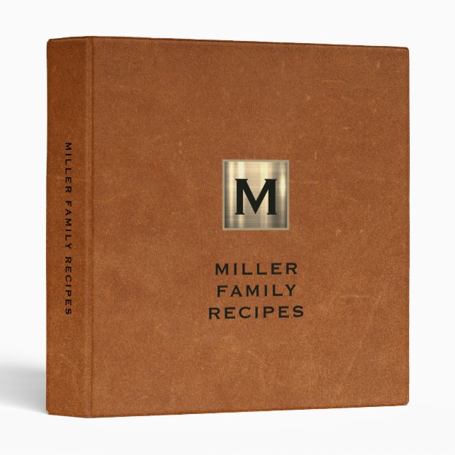 Modern Sable Leather Gold Monogram Family Recipe Binder (Front/Spine)
