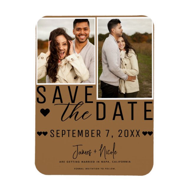 Modern Saddle Brown Save the Date 2 Photo Wedding Magnet (Vertical)