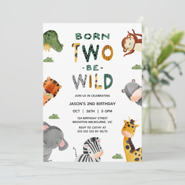 Modern Safari Born Two Be Wild 2nd Birthday Invitation (Standing Front)