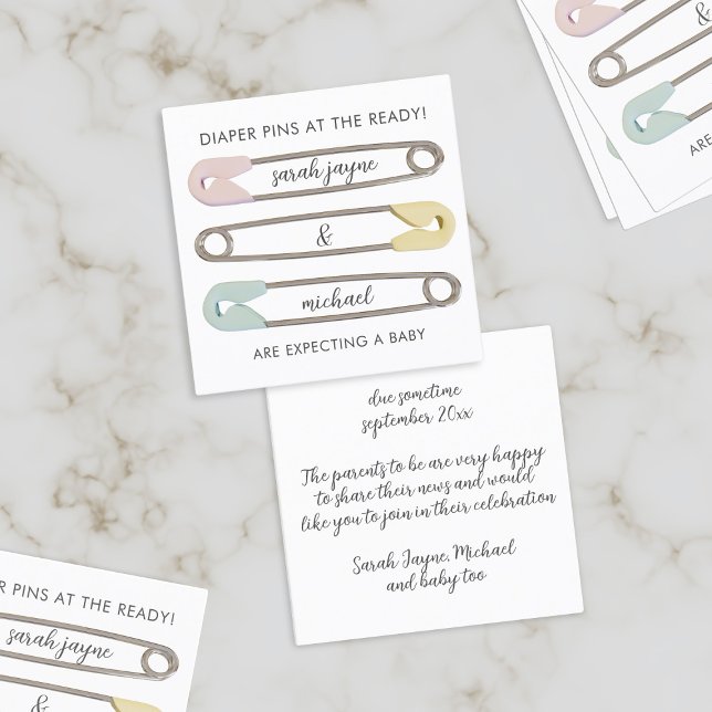 Modern Safety Pins Pregnancy Announcement Cards (Congratulations on your happy news! Here's some mini cards you can send to your friends & family)