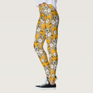 Modern Saffron Gray White Floral Watercolor Paint Leggings