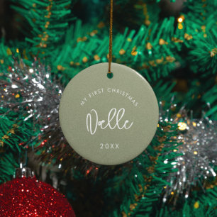 Modern Sage Baby's First Christmas Photo Ceramic Ornament