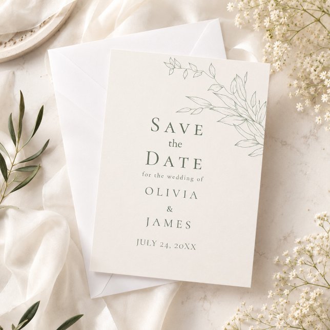Modern Sage Botanical Save the Date Card (Modern Sage Botanical Save the Date Card on an elegant table with tiny flowers)