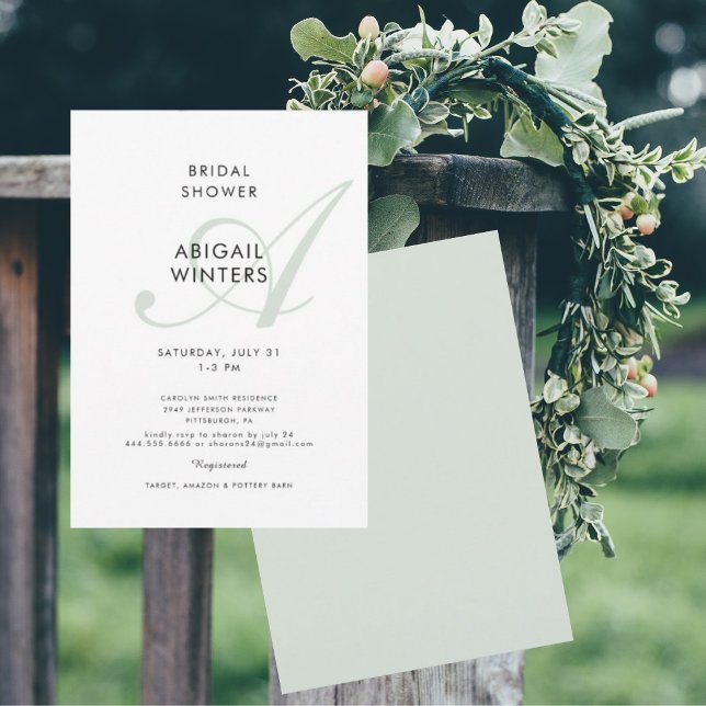 Modern Sage Bride Initial Simple Bridal Shower   Invitation (Creator Uploaded)