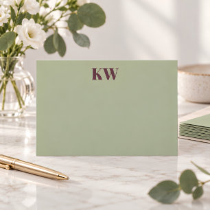 Modern Sage Burgundy Monogram Initial Personalized Thank You Card