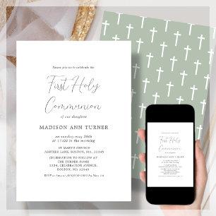 Modern Sage Cross   First Communion Invitation