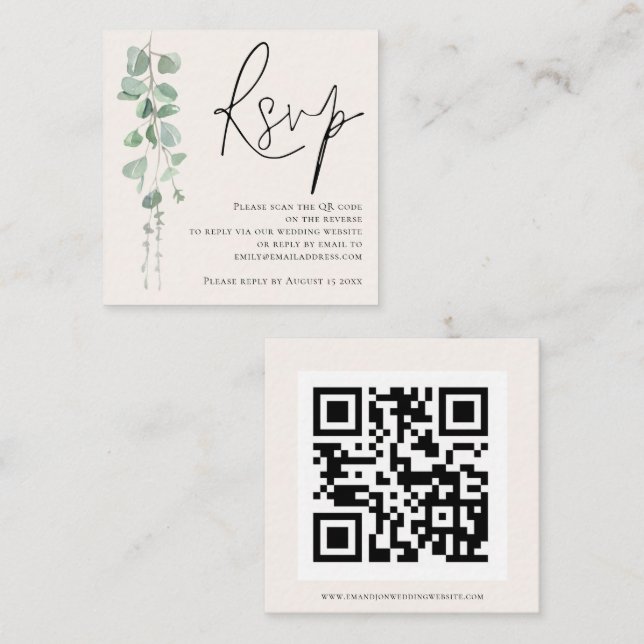 Modern Sage Eucalyptus Cream QR Code Wedding RSVP Enclosure Card (Front/Back)