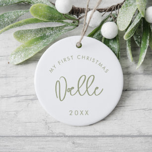 Modern Sage Font Baby's First Christmas Photo Ceramic Ornament