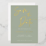 Modern Sage Gold Calligraphy Script Wedding<br><div class="desc">Modern Sage Green Gold Foil Calligraphy Script Wedding Save the Date Card with real rose gold foil. Change foil colour to another colour if you like. Background colour can also be changed.</div>
