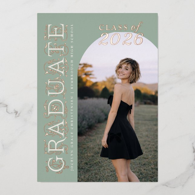 Modern Sage Graduation Rose Gold Foil Invitation (Recto)
