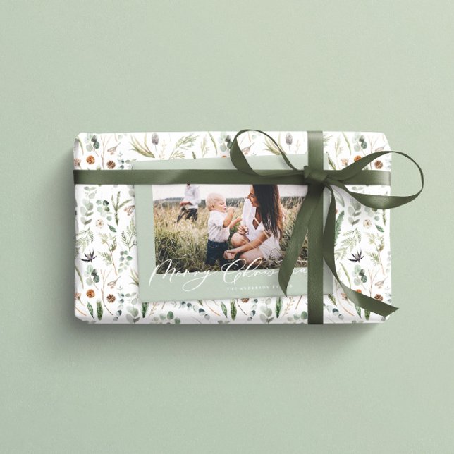 Modern sage green 1 photo Christmas elegant script Holiday Card (Creator Uploaded)