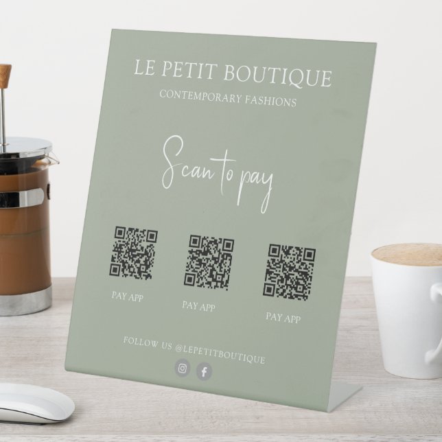 Modern Sage Green 3 QR Code Payment App  Pedestal Sign (In SItu)