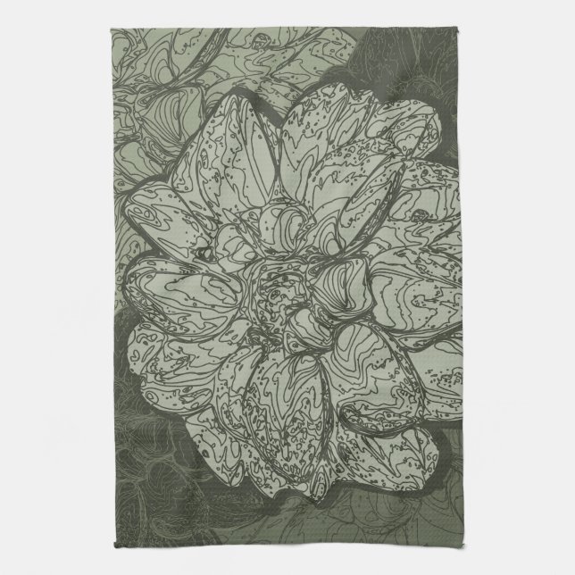 Modern Sage Green Abstract Dahlia Floral Pattern Kitchen Towel (Vertical)