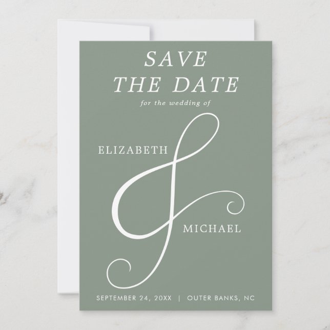 Modern Sage Green Ampersand Elegant Photo Save The Date (Front)