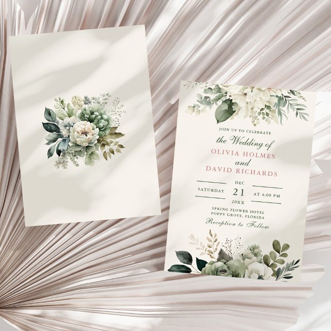 Modern Sage Green and Ivory Flowers Wedding Invitation (Modern Sage Green and Ivory Flowers Wedding Invitation on a sunny neutral dry palm leaf.)