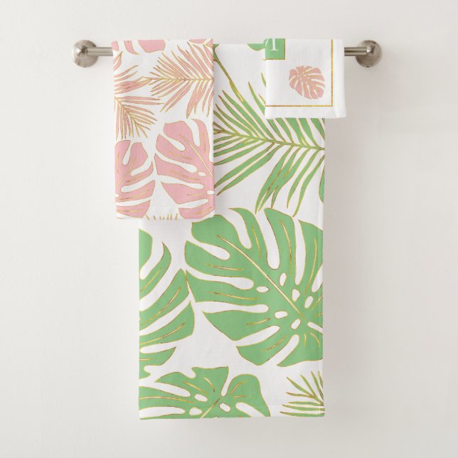 Modern sage green and pink tropical leaves bath towel set (Insitu)