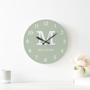 Modern Sage Green And White Monogram Family Name  Large Clock