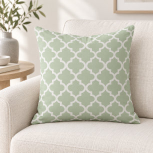 Modern Sage Green and White Quatrefoil Pattern Throw Pillow