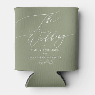 Modern Sage Green and White Simple Wedding Can Cooler