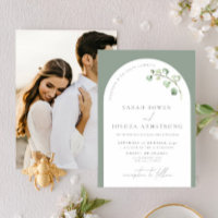Modern Sage Green Arch Botanical Photo Wedding Inv