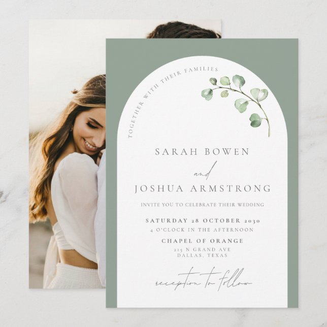 Modern Sage Green Arch Botanical Photo Wedding Invitation (Front/Back)