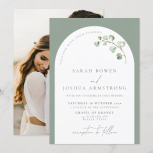 Modern Sage Green Arch Botanical Photo Wedding Invitation