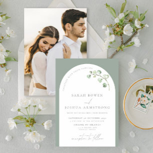 Modern Sage Green Arch Botanical Photo Wedding Invitation
