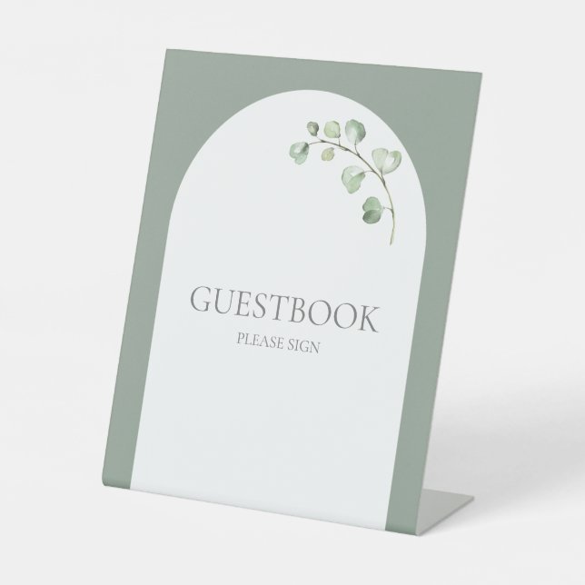 Modern Sage Green Arch Botanical Wedding Guestbook Pedestal Sign (Front)
