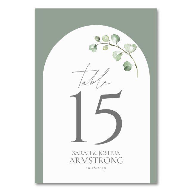 Modern Sage Green Arch Botanical Wedding Reception Table Number (Front)