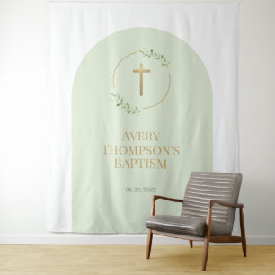Modern Sage Green Arch Cross Baptism Backdrop Tapestry