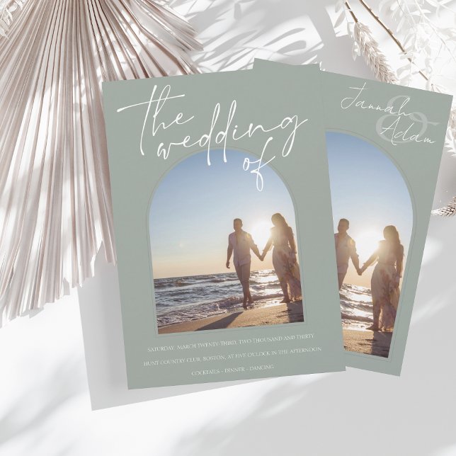 Modern Sage Green Arch Initial Photo Wedding Invitation (Creator Uploaded)