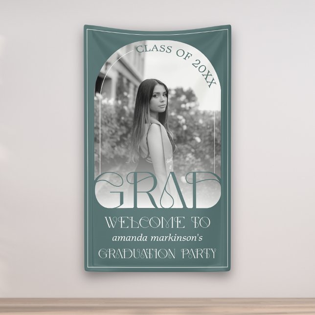 Modern Sage Green Arch Photo Graduation Welcome  Banner (Creator Uploaded)