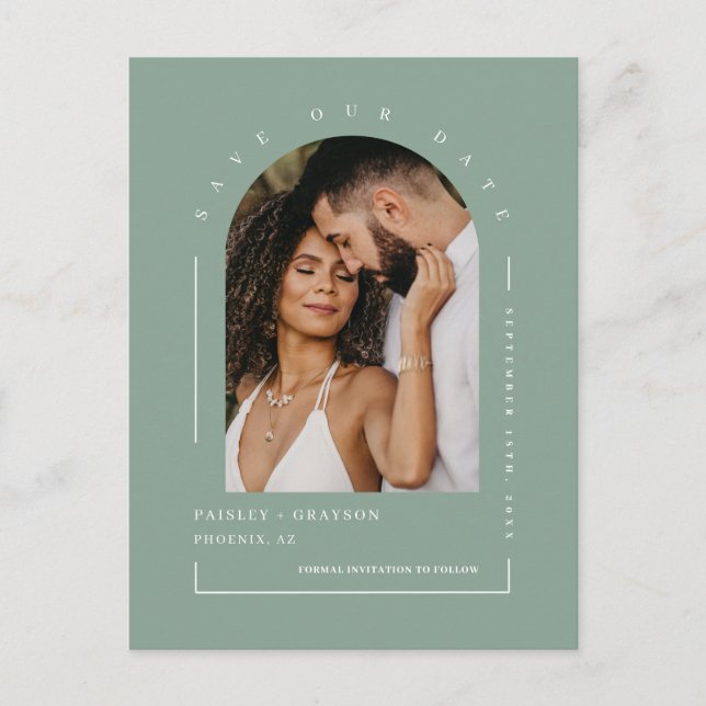 Modern Sage Green Arch Photo QR Code Save Our Date Postcard (Front)