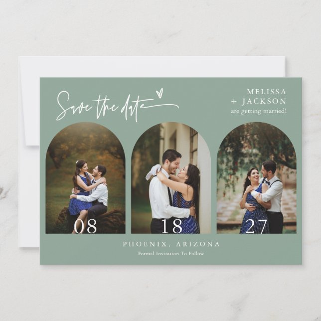 Modern Sage Green Arch Photo QR Code Save the Date Invitation (Front)