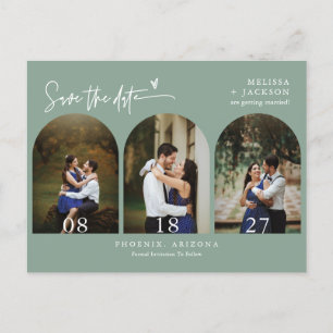Modern Sage Green Arch Photo QR Code Save the Date Postcard