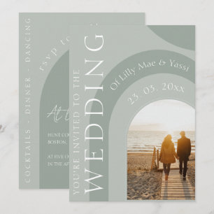 Modern Sage Green Arch Photo Wedding Invitation