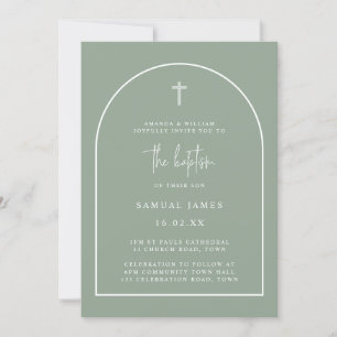 Modern Sage Green Arch Script Minimalist Baptism Invitation