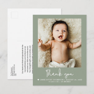 Modern Sage green Baby Photo Birth announcement Postcard