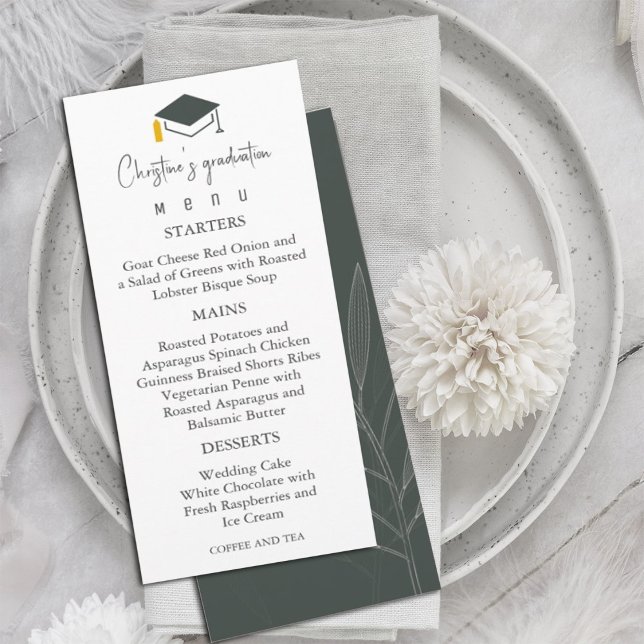 Modern Sage Green Background Graduation Menu (Modern handwritten calligraphy font and dark sage green background Graduation Menu #graduation)